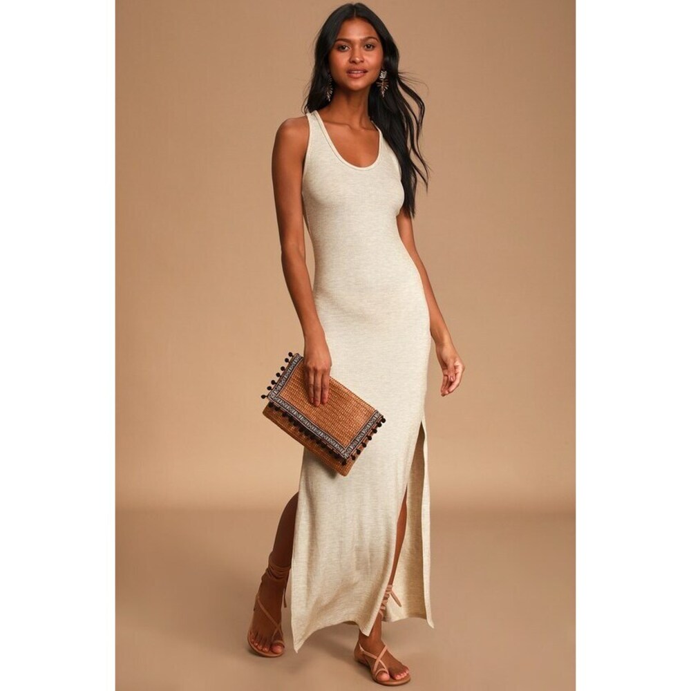 Lulus Relaxed But Not Least Beige Ribbed Sleeveless Maxi Dress - Size M